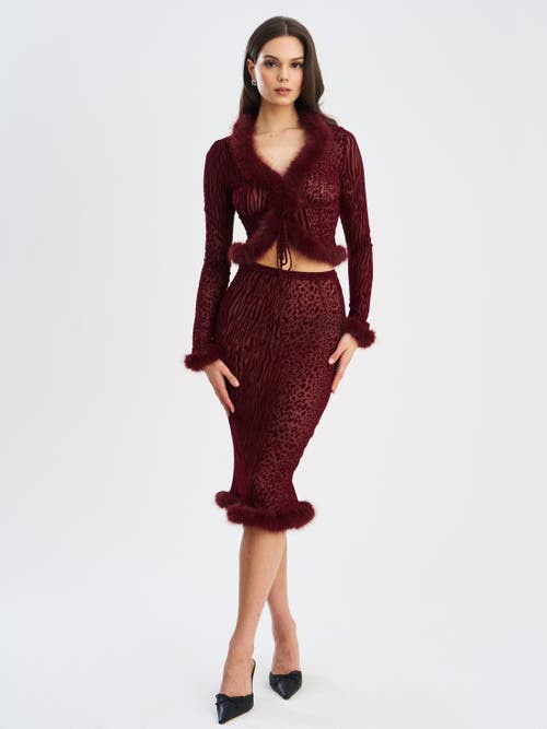 Miss Circle Halii Burnout Velvet Mesh Fur Trim Top In Burgundy