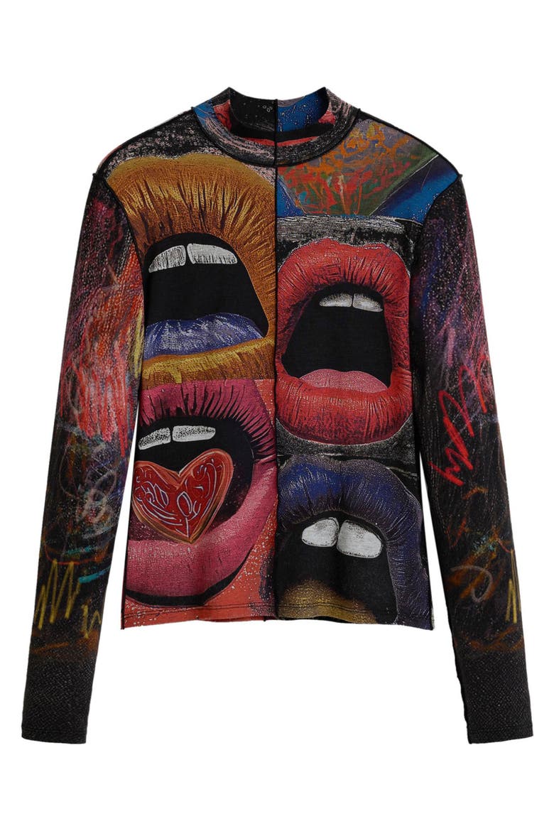 Long Sleeve Lip Print Top, Alternate, color, BLACK