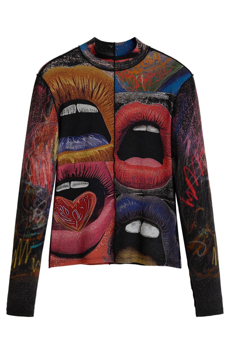 Desigual Long Sleeve Lip Print Top, Alternate, color, Black