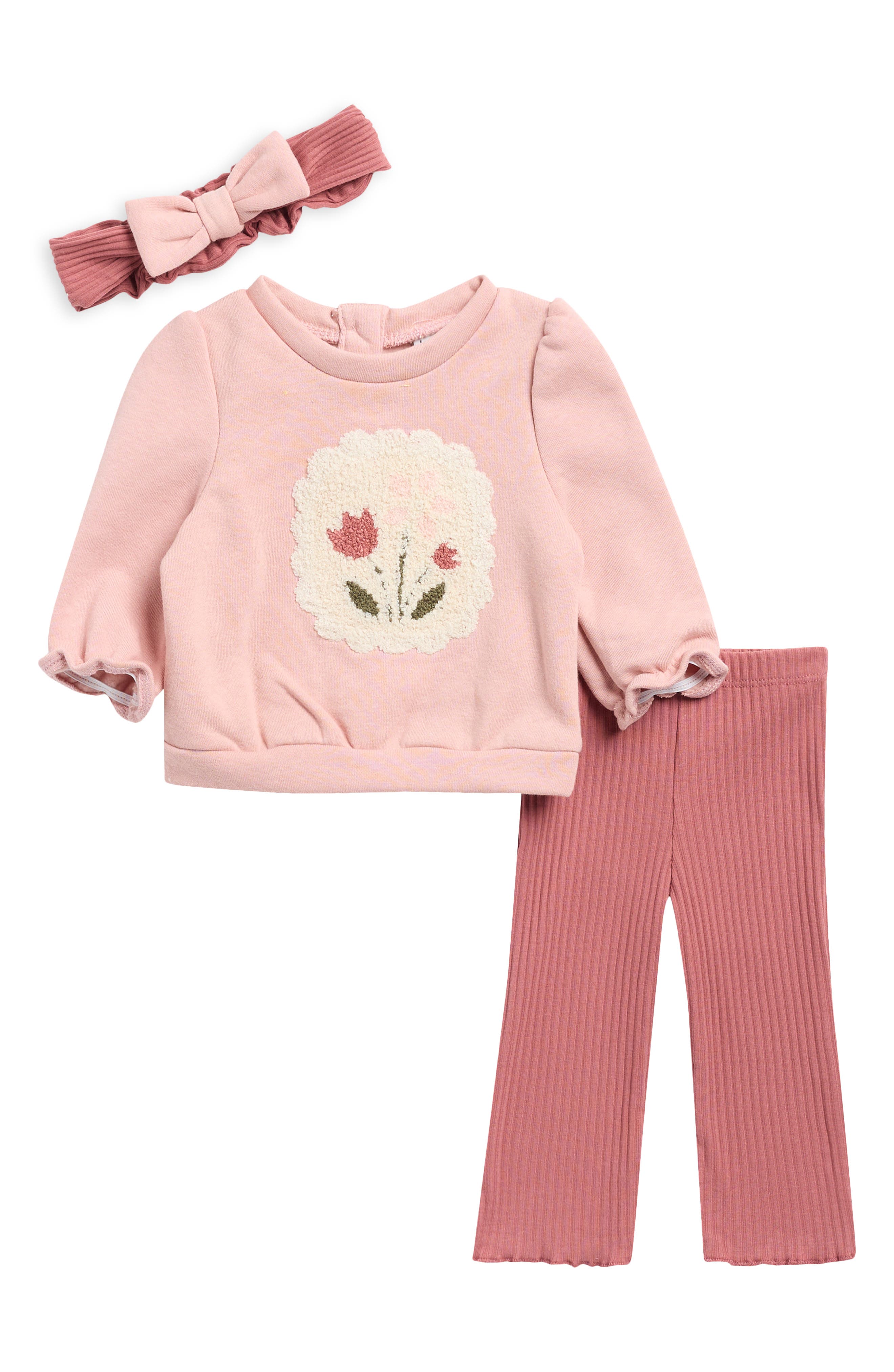 Kids' Floral Applique Fleece Sweatshirt, Pants & Headband Set