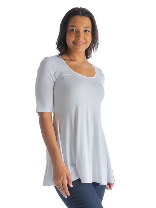 24seven Comfort Apparel Petite Elbow Sleeve Swing Crew Neck Tunic Top In Gray