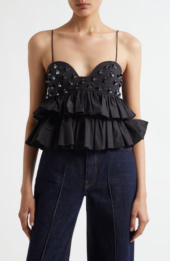 Ulla Johnson Lucia Embellished Ruffle Crop Camisole In Black