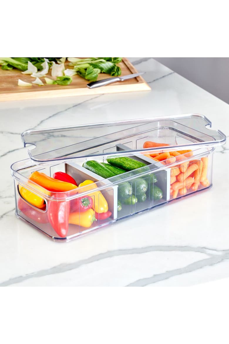 Large Fridge Organizer Bin with Removable Divider and Lid - Set of 3 - Clear/Gray, Alternate, color, Gray