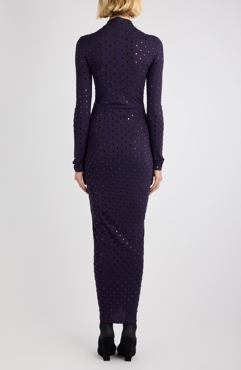 Alaïa Crystal Embellished Ruched Long Sleeve Jersey Dress, Alternate, color, Aubergine/ Noir
