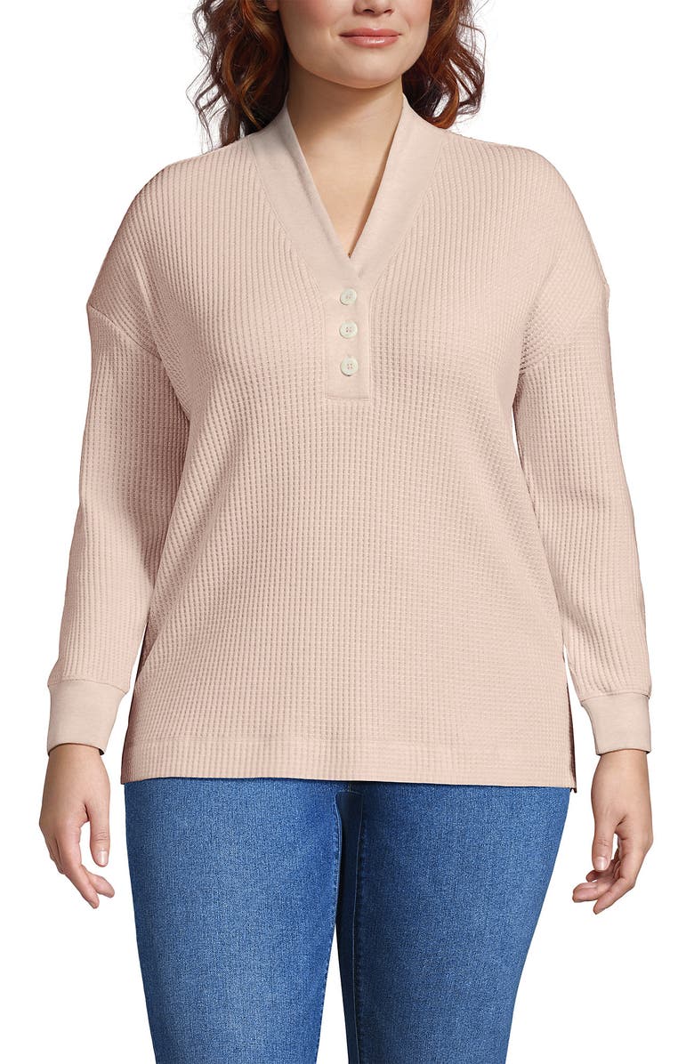 Lands' End Plus Size Long Sleeve Waffle Shawl Collar Henley, Main, color, Blossom Heather