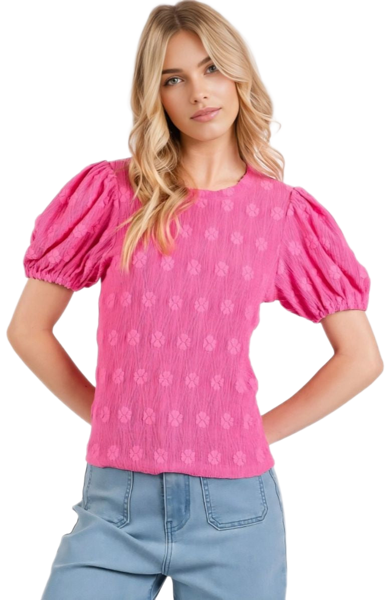 Knit and Lounge Embroidered Crinkled Texture Puff Sleeve Round Neck Top, Main, color, 