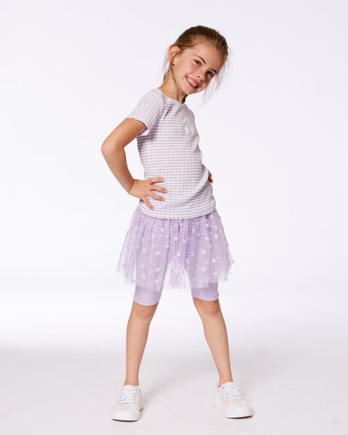 Deux Par Deux Little Girl's Crinkle Biker Short With Flower Mesh Skirt Lilac With White Flowers In Lilac With White Flowers