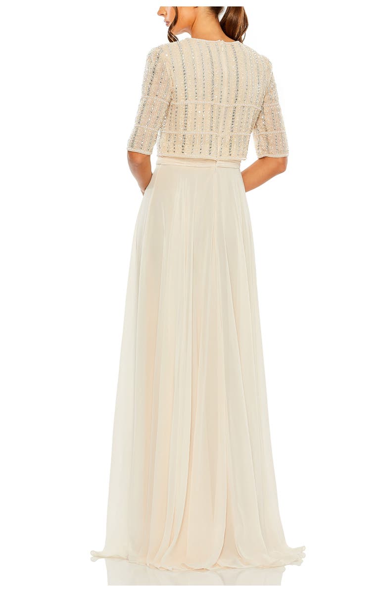 Mac Duggal Fully Beaded 3/4 Sleeves Top Chiffon Gown, Alternate, color, Nude