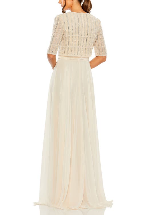 Mac Duggal Chiffon Gown With Fully Beaded 3/4 Sleeve Top In Nude