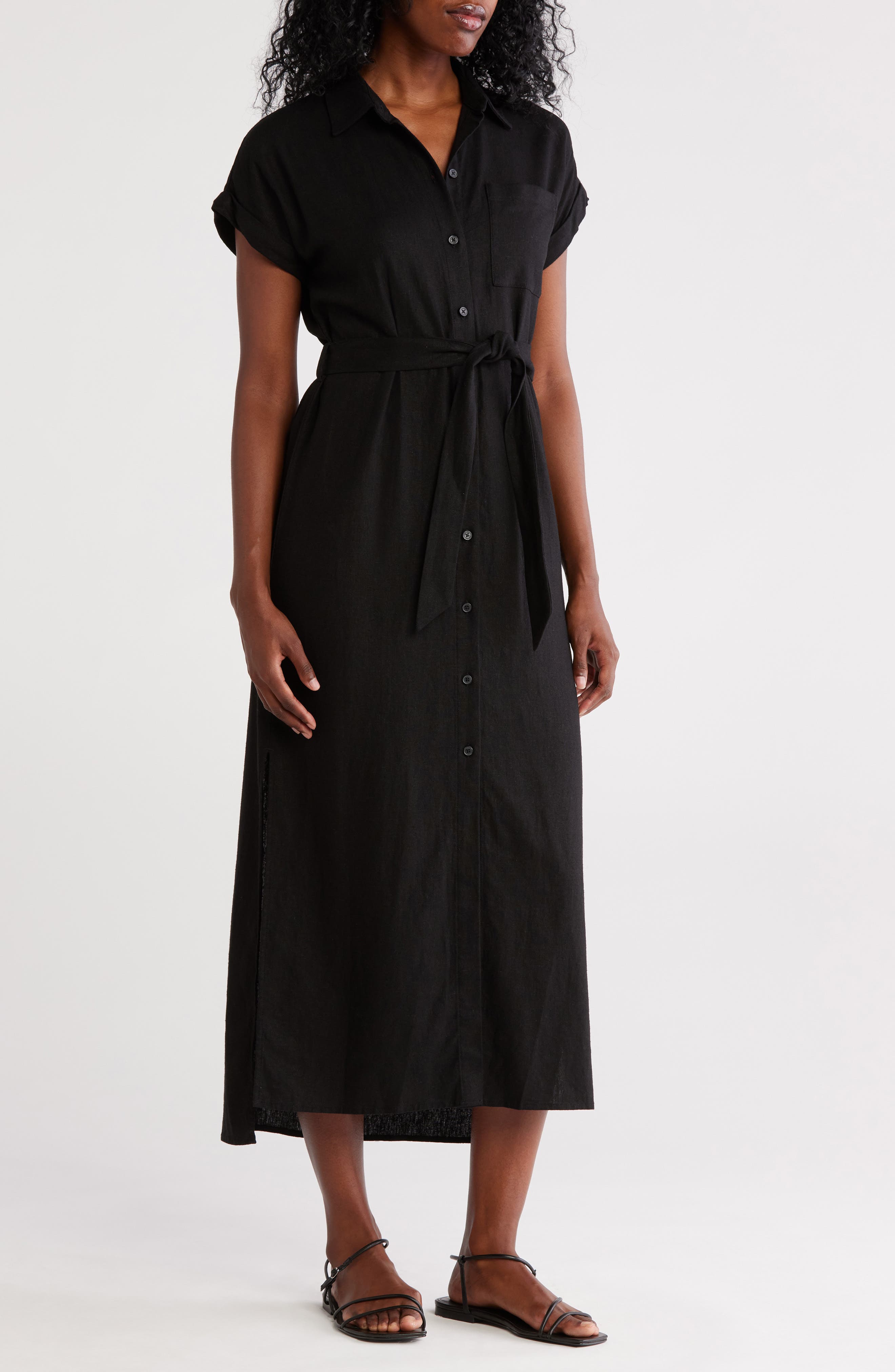 calvin klein linen dress Linen Blend V-Neck Sleeveless Belted Dress
