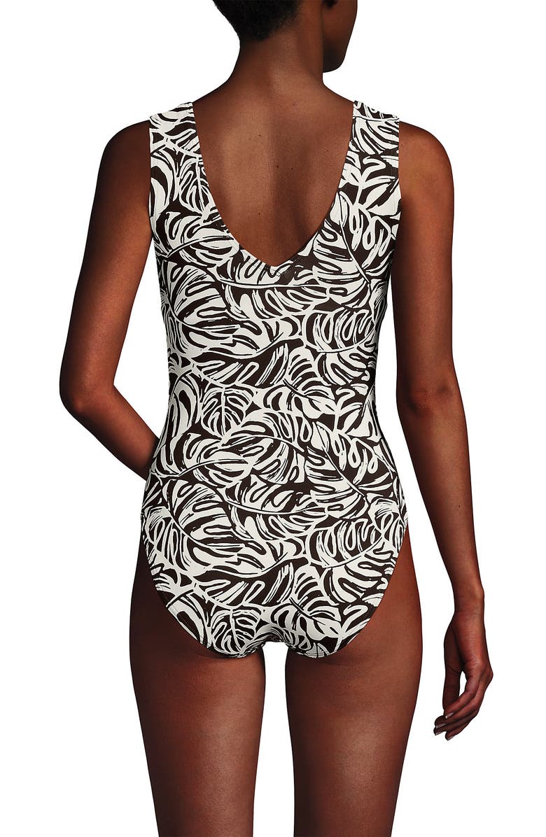 Lands' End Sculpting Suit Sweetheart V-Wire High Leg One Piece Swimsuit, Alternate, color, Brown Mini Tropic Leaves