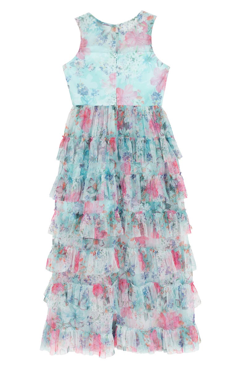 Rare Editions Floral Glitter Mesh Ruffle Tiered Party Dress, Alternate, color, Teal
