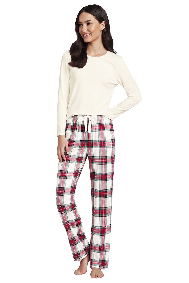 Pajama Set Knit Long Sleeve T-Shirt and Flannel Pants, Main, color, Ivory/Compass Red Multi Plaid