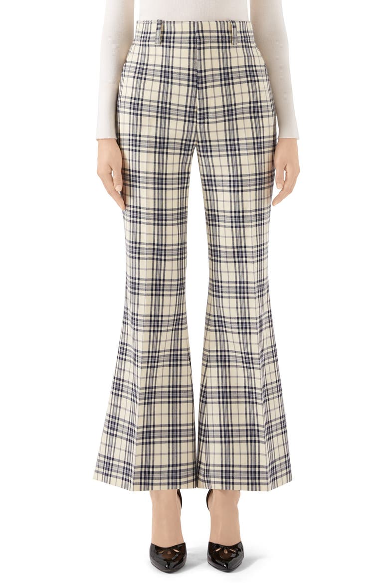 Plaid Wool Flare Trousers, Main, color, BLUE/ WHITE