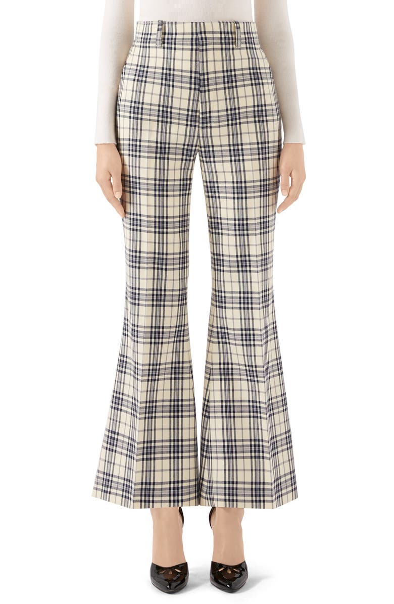 Gucci Plaid Wool Flare Trousers, Main, color,