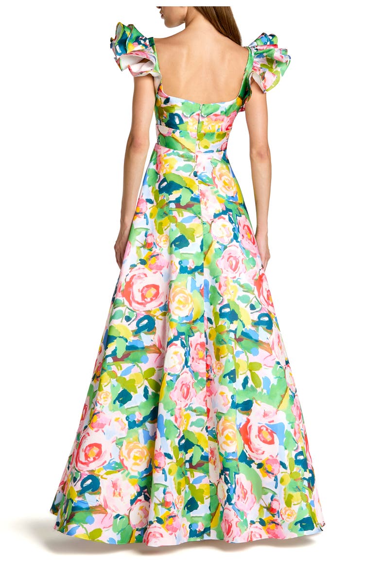 Mac Duggal Printed Mikado Ruffle Sleeve V Neck Ballgown, Alternate, color, Blue Multi