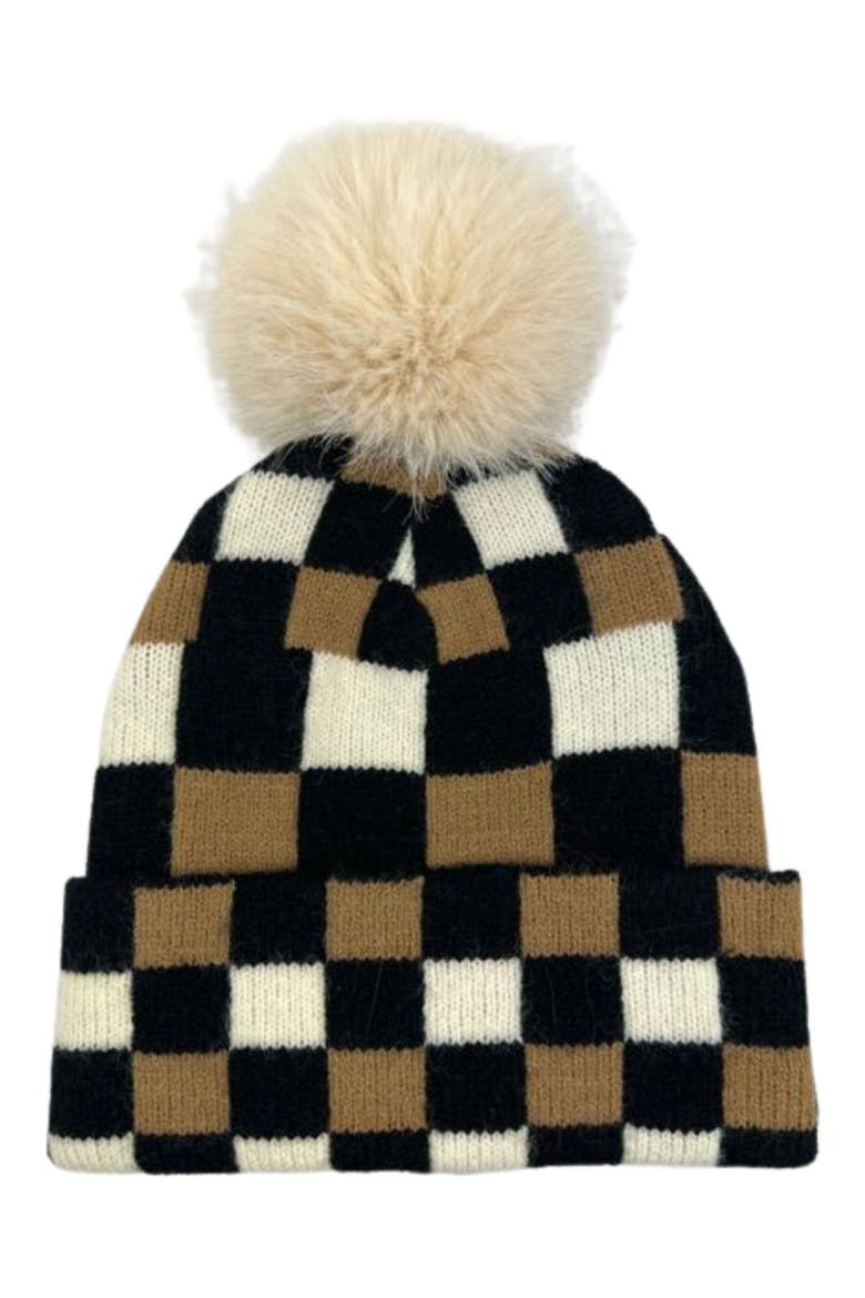 Checkered Faux Fur Pompom Beanie, Main, color, BLACK