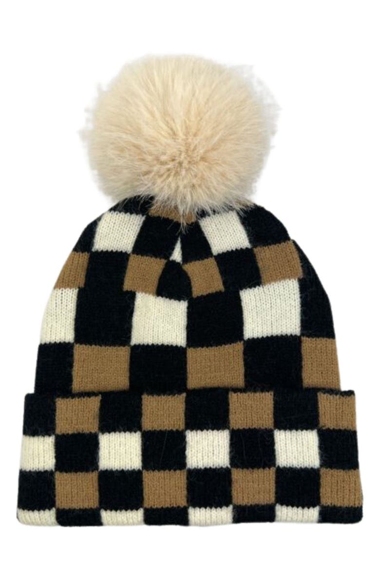 MARCUS ADLER Checkered Faux Fur Pompom Beanie, Main, color, 