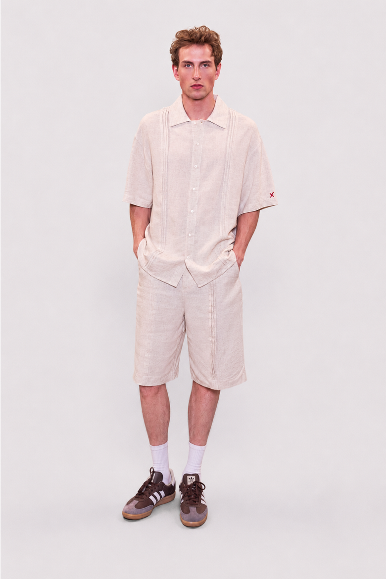 Daydreamers Short Sleeve Linen Shirt With Stitch Detail, Alternate, color, Beige