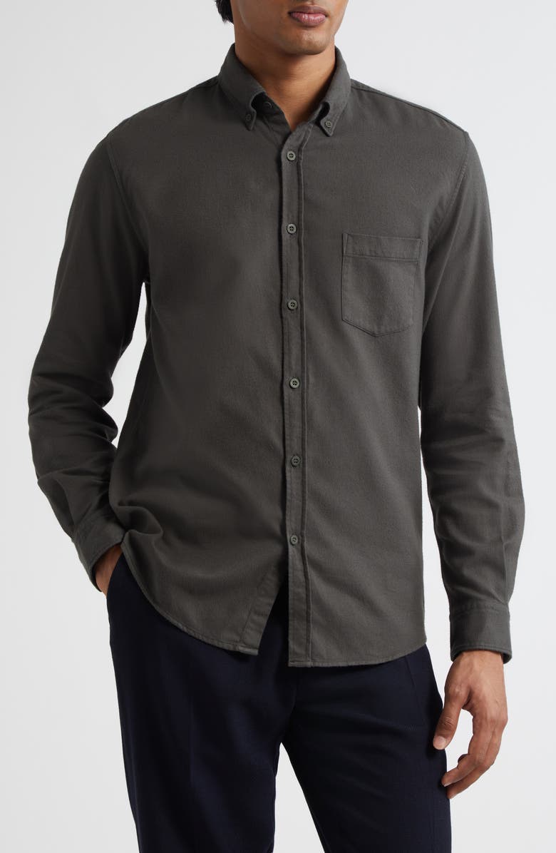 Sunspel Brushed Cotton Flannel Button-Down Shirt, Main, color, Dark Green