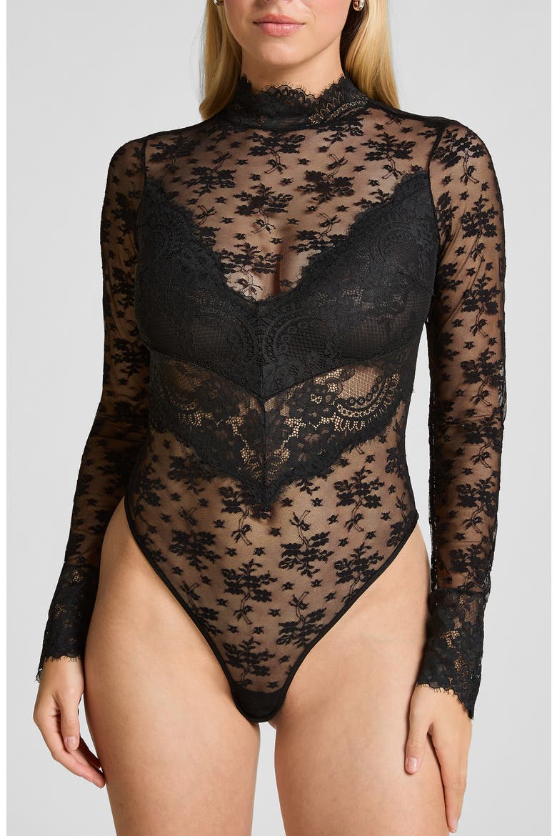 Jude Lace & Mesh Bodysuit, Main, color, CAVIAR