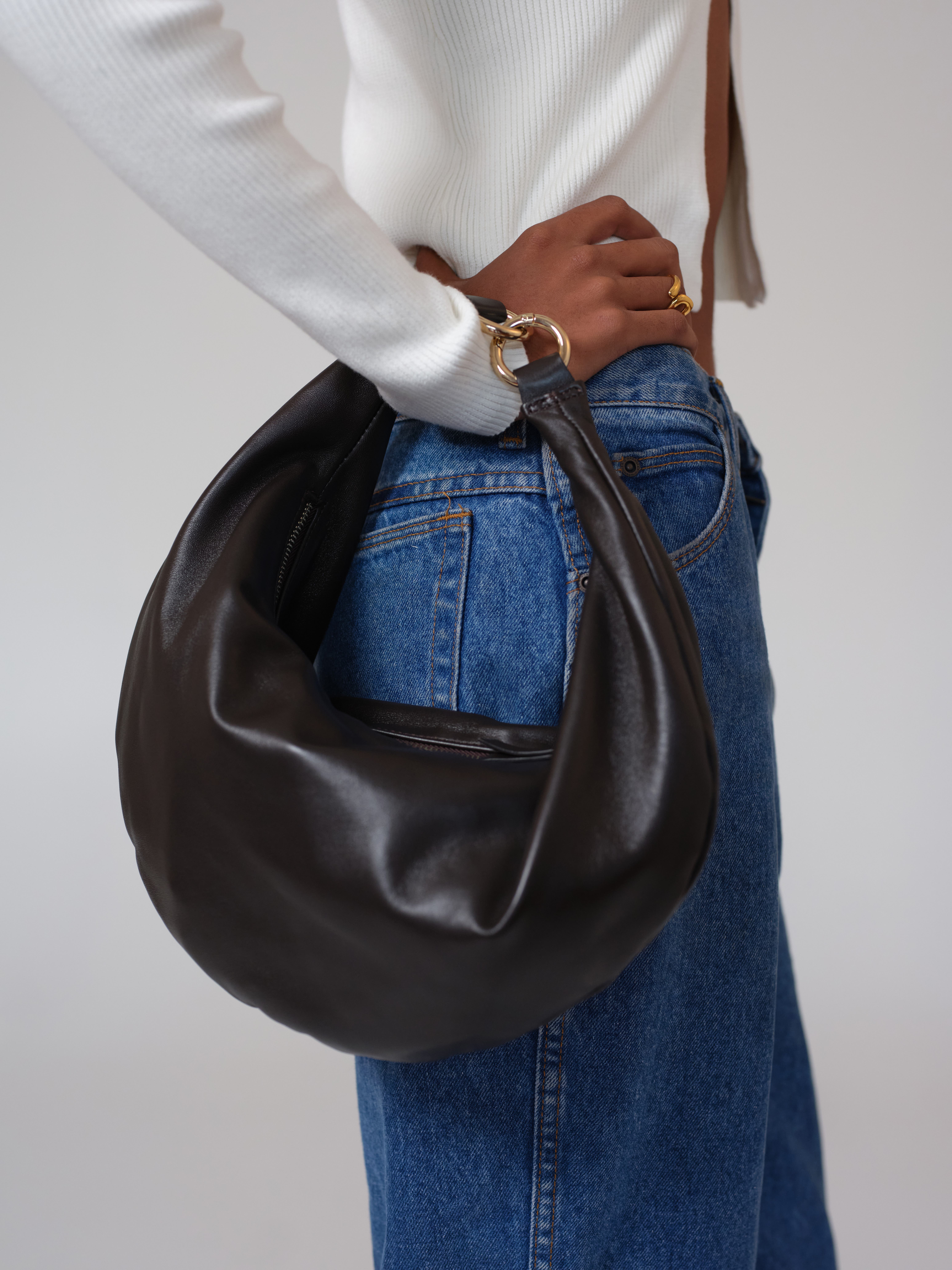 HYER GOODS Leather Convertible Hobo Crescent Ring Bag, Alternate, color, Chocolate