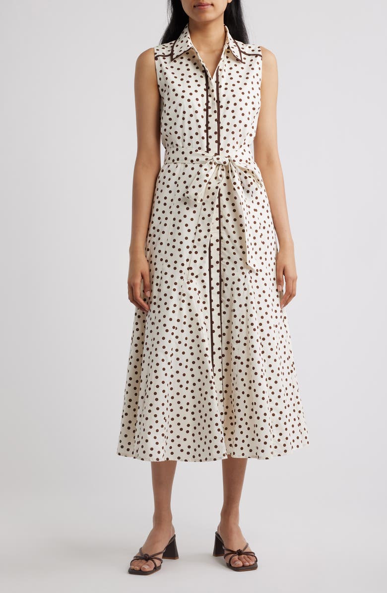 Anne Klein Polka Dot Midi Shirtdress, Main, color, White / Dark Chocolate