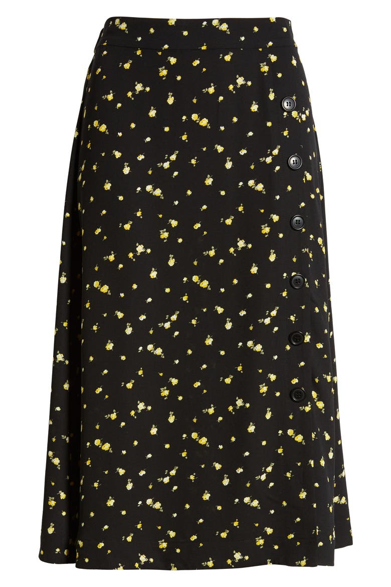 Floral Side Button Midi Skirt, Alternate, color, BLACK SCATTERED BLOOMS
