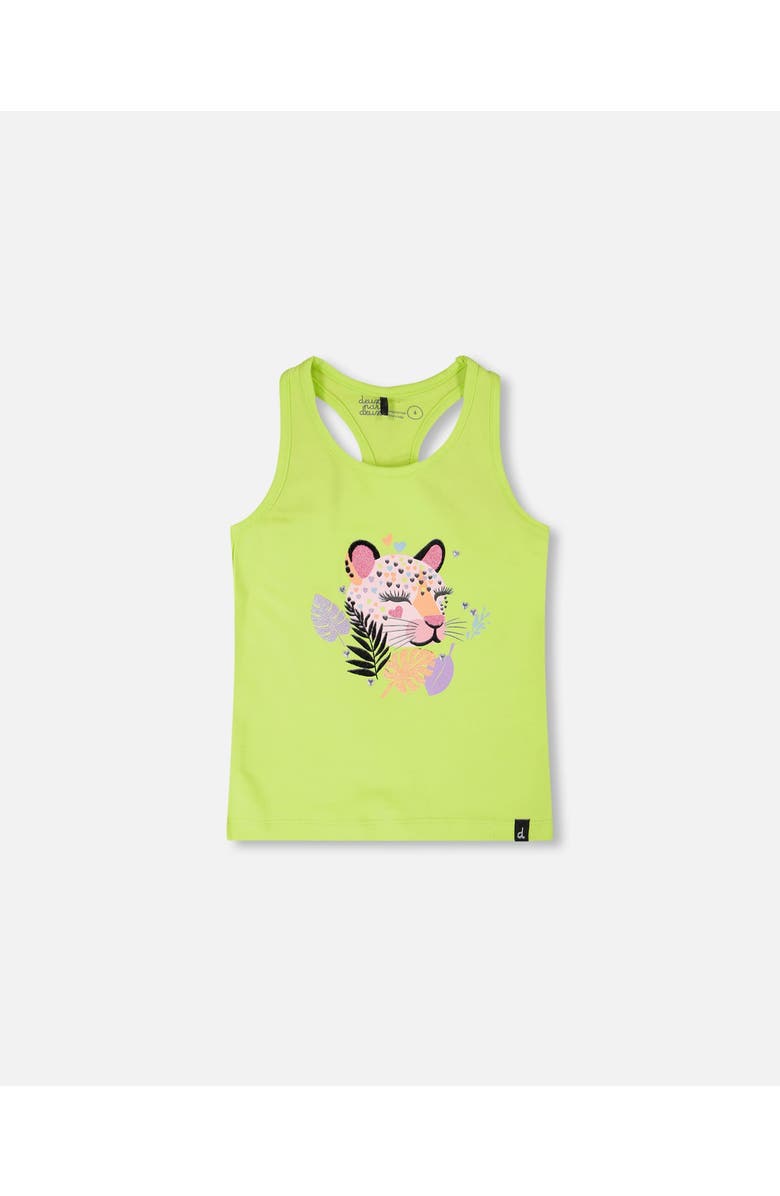 Deux par Deux Organic Cotton Jersey Screen Tropical Sleeveless Tank Top, Main, color, Lime Green