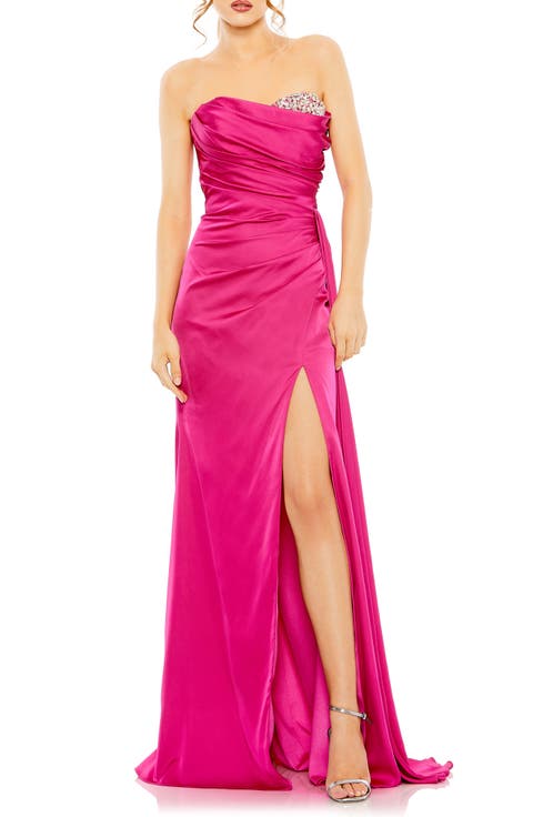 Strapless Embellished Sweetheart Neckline Satin Gown