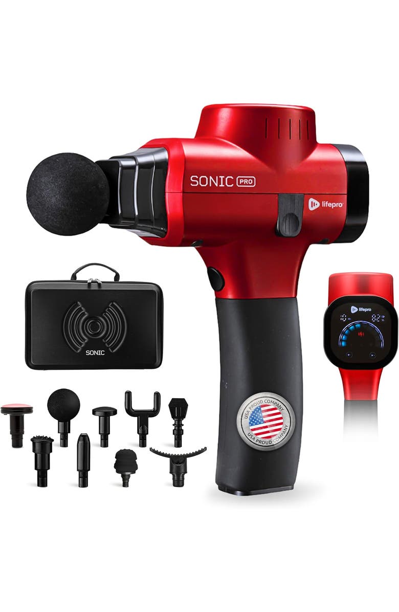 Lifepro Sonic Pro Deep Tissue Massage Gun Handheld Percussion Massager with 10 Speeds, 9 Heads, Main, color, Red