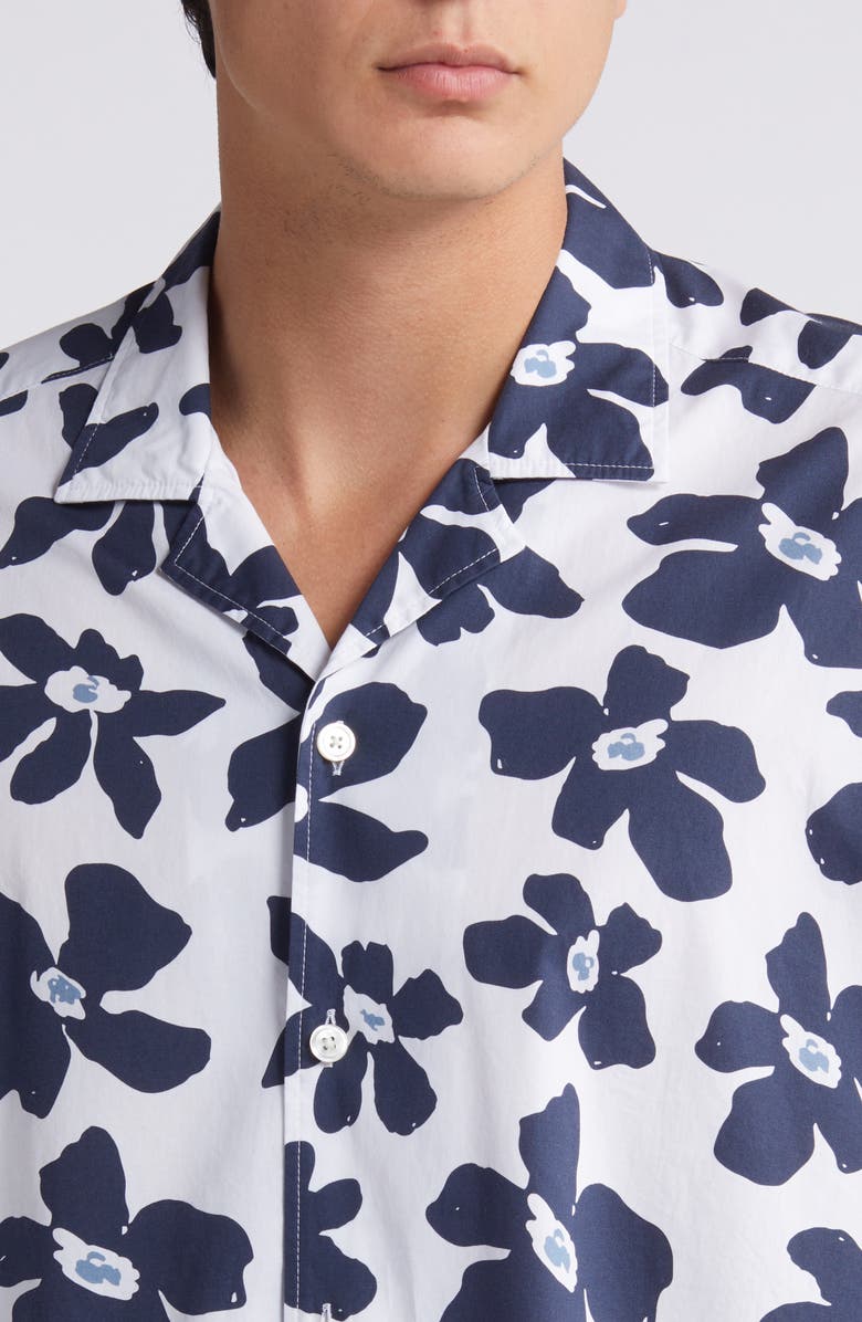 BOSS Drew Palm Print Stretch Camp Shirt, Alternate, color, White-Blue