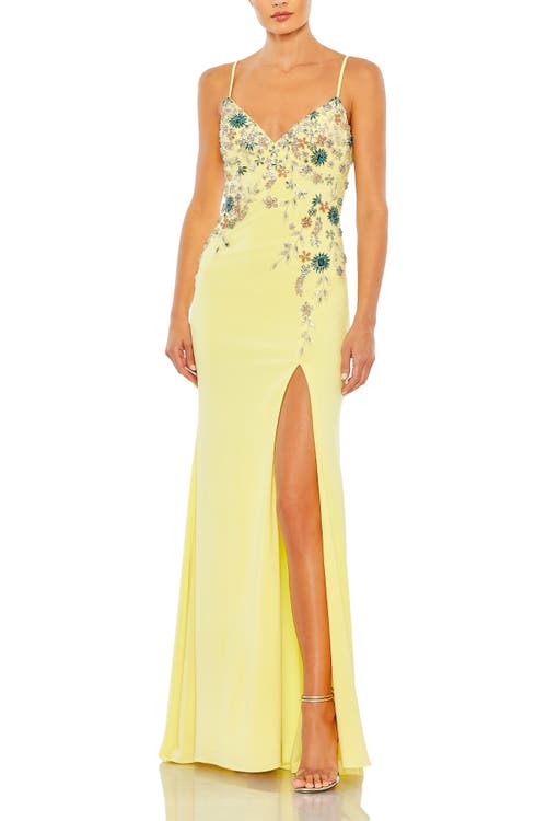 Mac Duggal Floral Beaded Sheath Gown In Buttercup