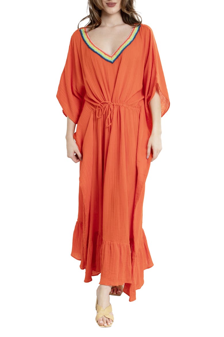 Colorful Crochet V-Neck Cover-Up Kaftan, Main, color, ORANGE