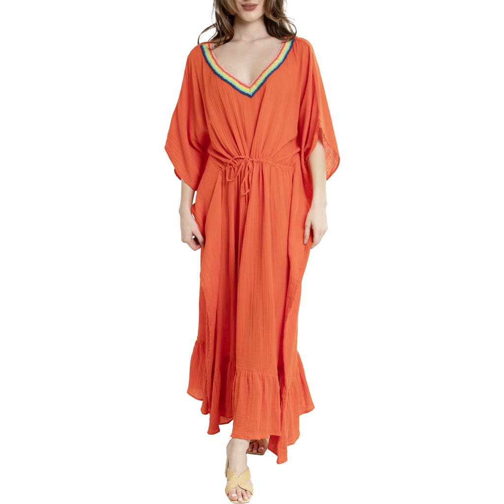 Saachi Colorful Crochet V-neck Cover-up Kaftan In Orange