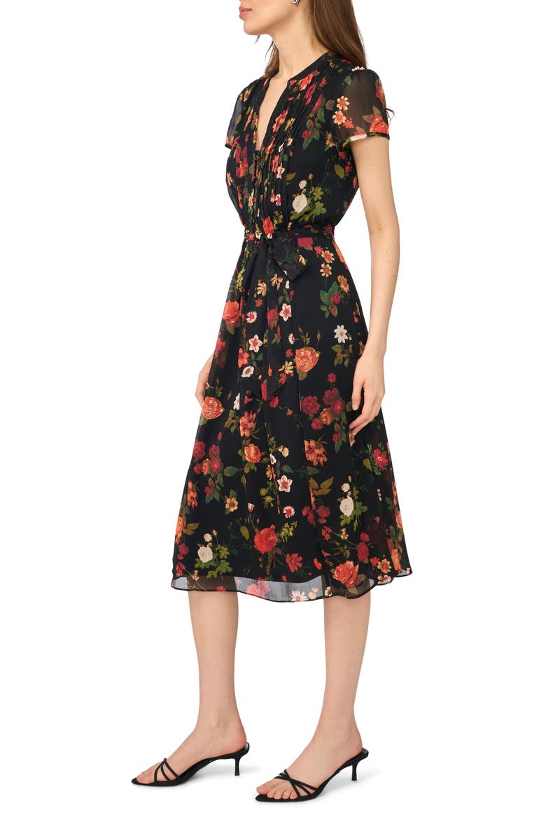 Floral Cap Sleeve Fit & Flare Midi Dress, Alternate, color, DEEP RUBY