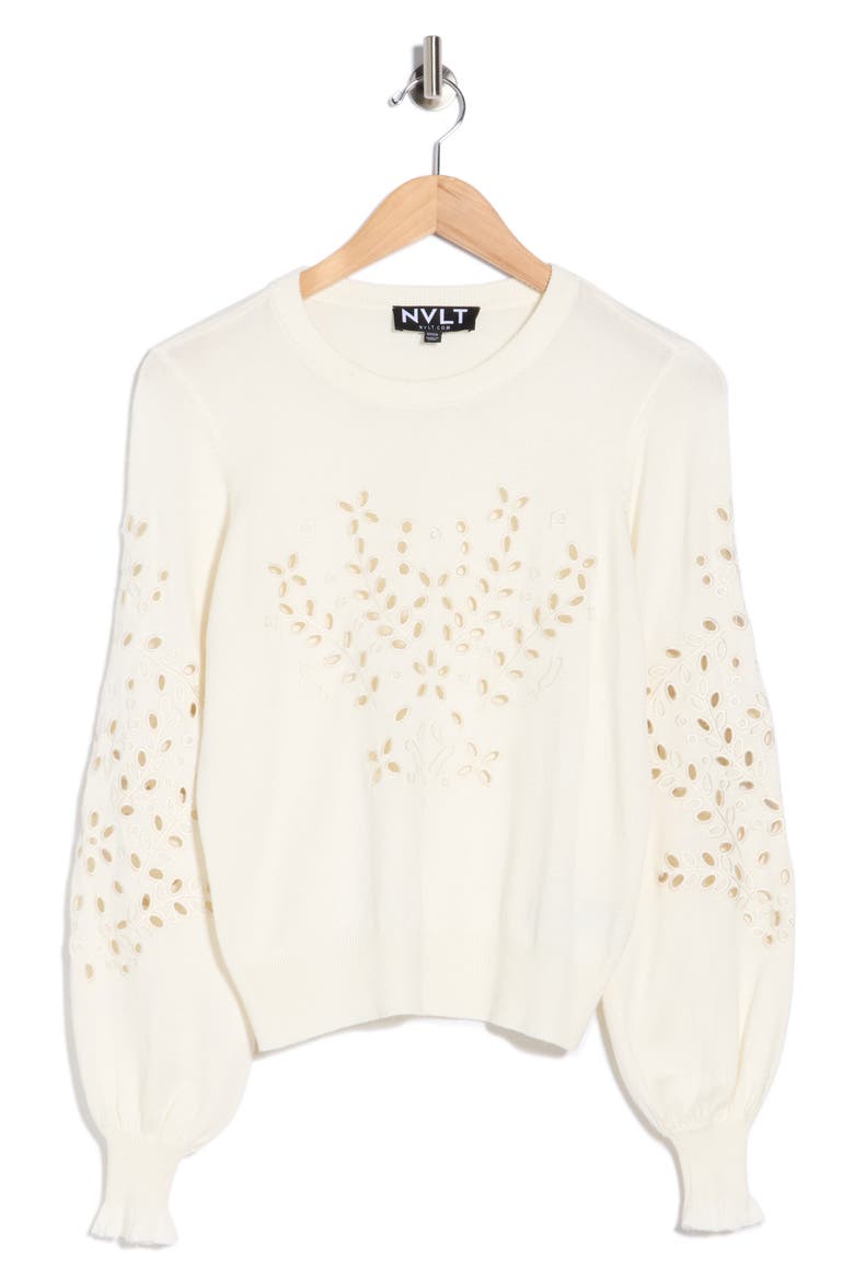 Eyelet Embroidered Sweater, Alternate, color, MARSHMALLOW