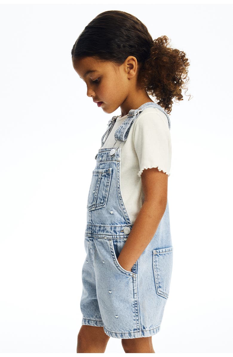 H&M Embroidered Denim Dungaree Shorts, Alternate, color, Light Denim Blue/Hearts