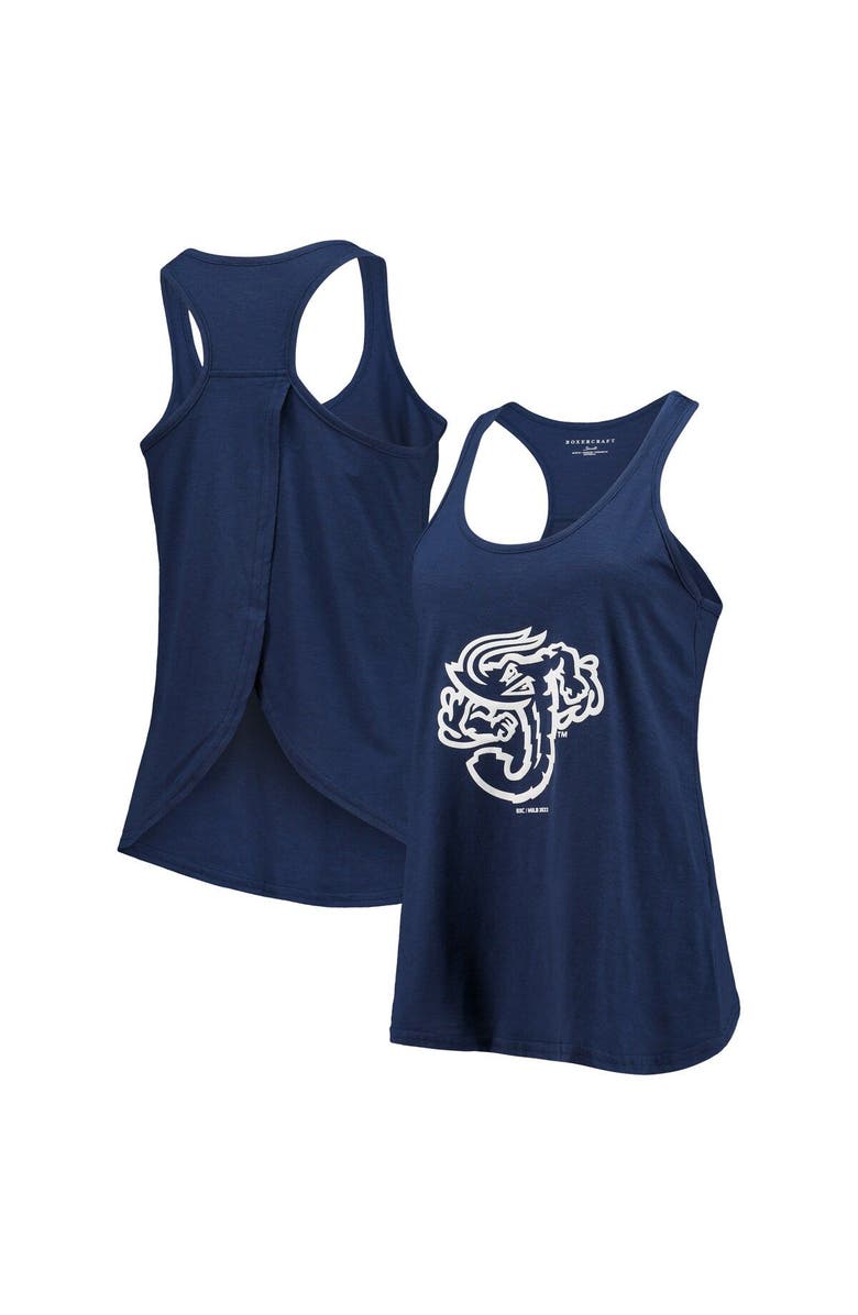 BOXERCRAFT Women's Navy Jacksonville Jumbo Shrimp Charm Scoop Neck Racerback Tank Top, Main, color,