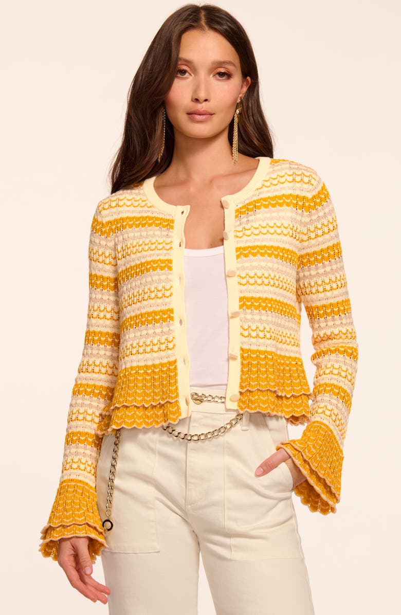 Ramy Brook Brit Metallic Stripe Flounce Detail Cotton Blend Cardigan, Alternate, color, Marigold Combo Stripe