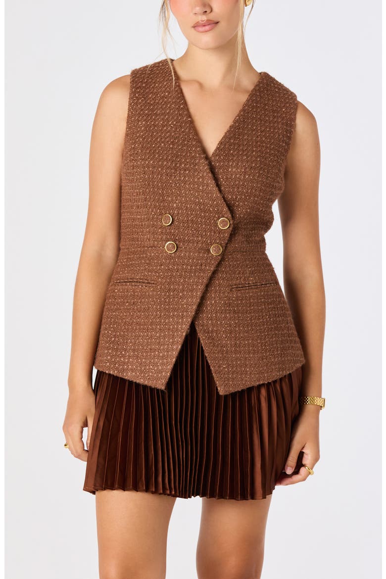 Allyson Tweed & Satin Pleated Minidress, Alternate, color, BROWN