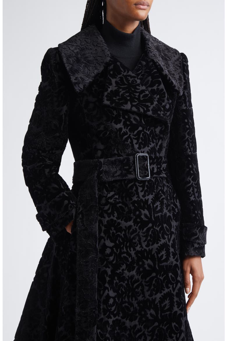 Belted Baroque Velvet Trench Coat, Alternate, color, BLACK IP PATTERN