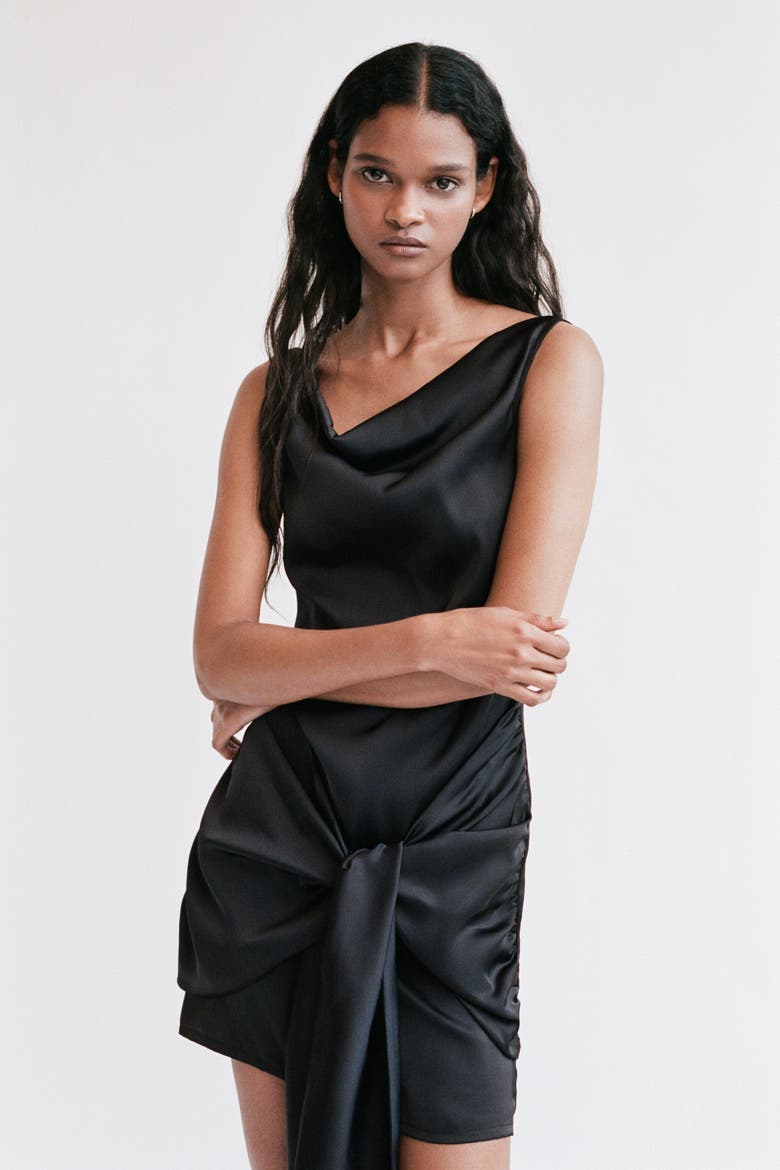 Cowl-neck Satin Dress, Alternate, color, Black