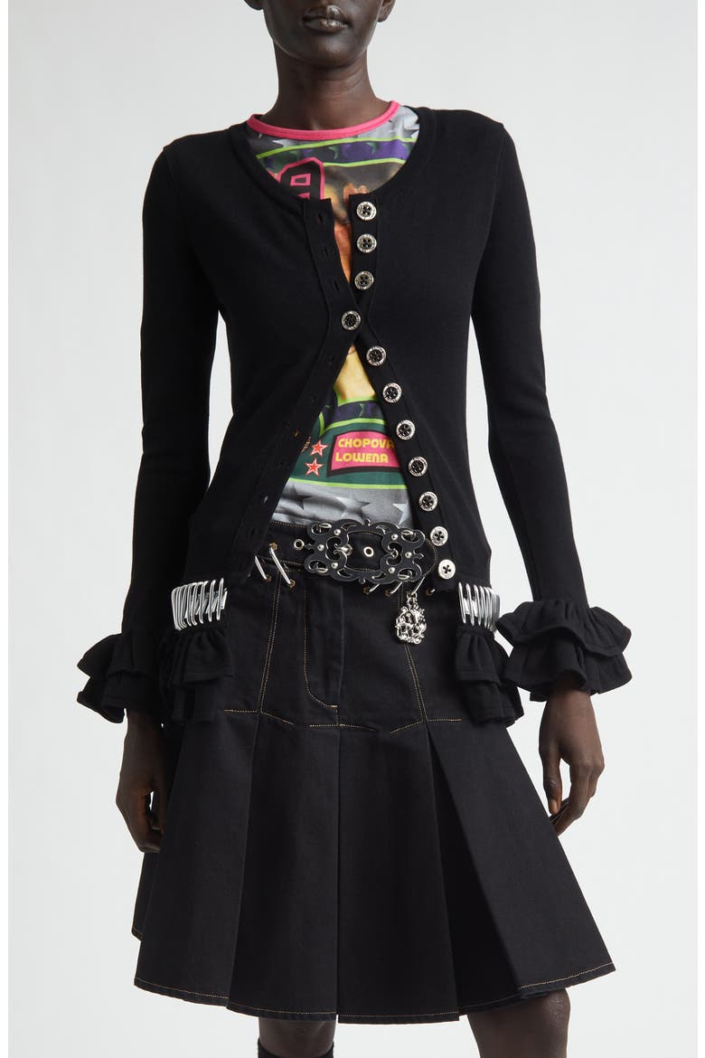 Ruffle Carabiner Cardigan, Main, color, BLACK