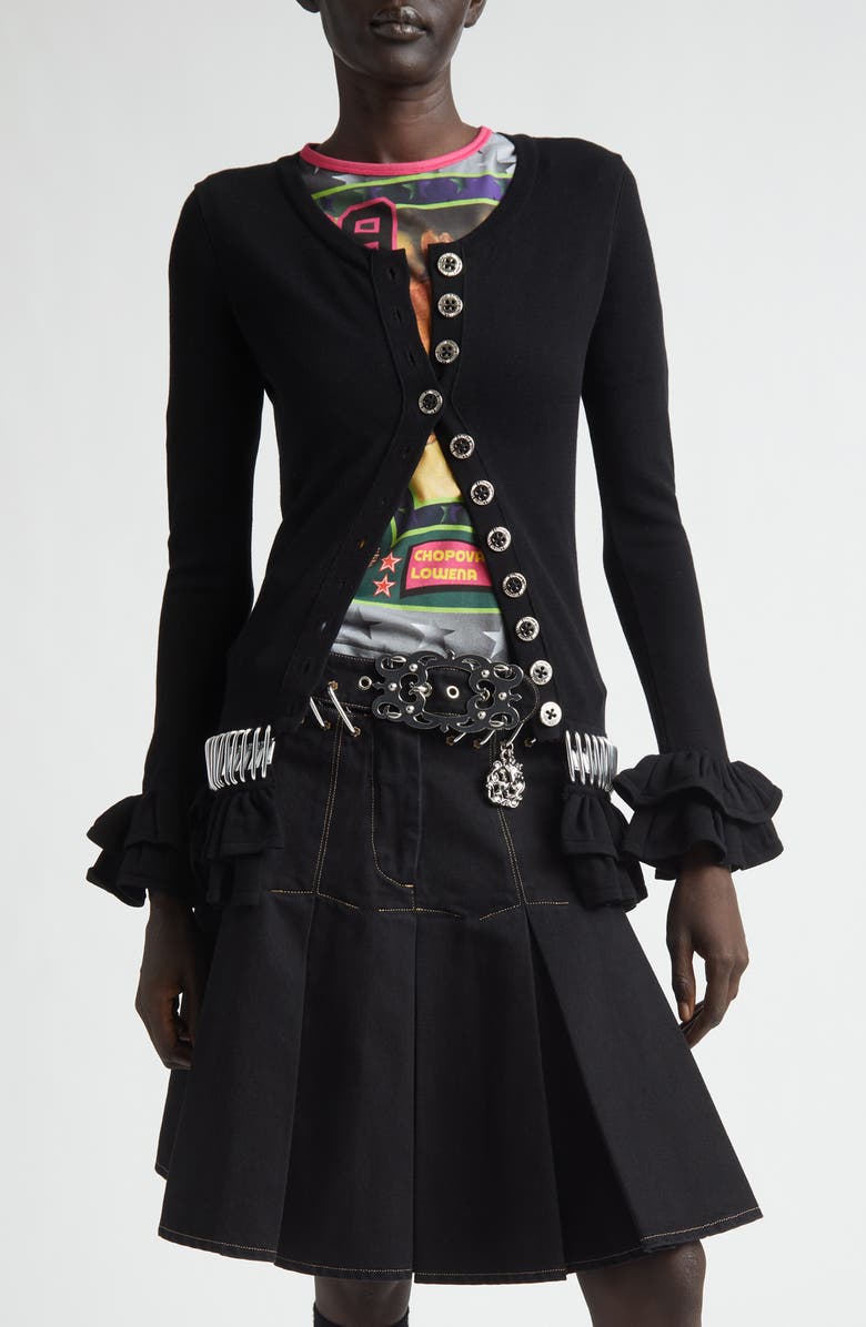 Chopova Lowena Ruffle Carabiner Cardigan, Main, color, Black