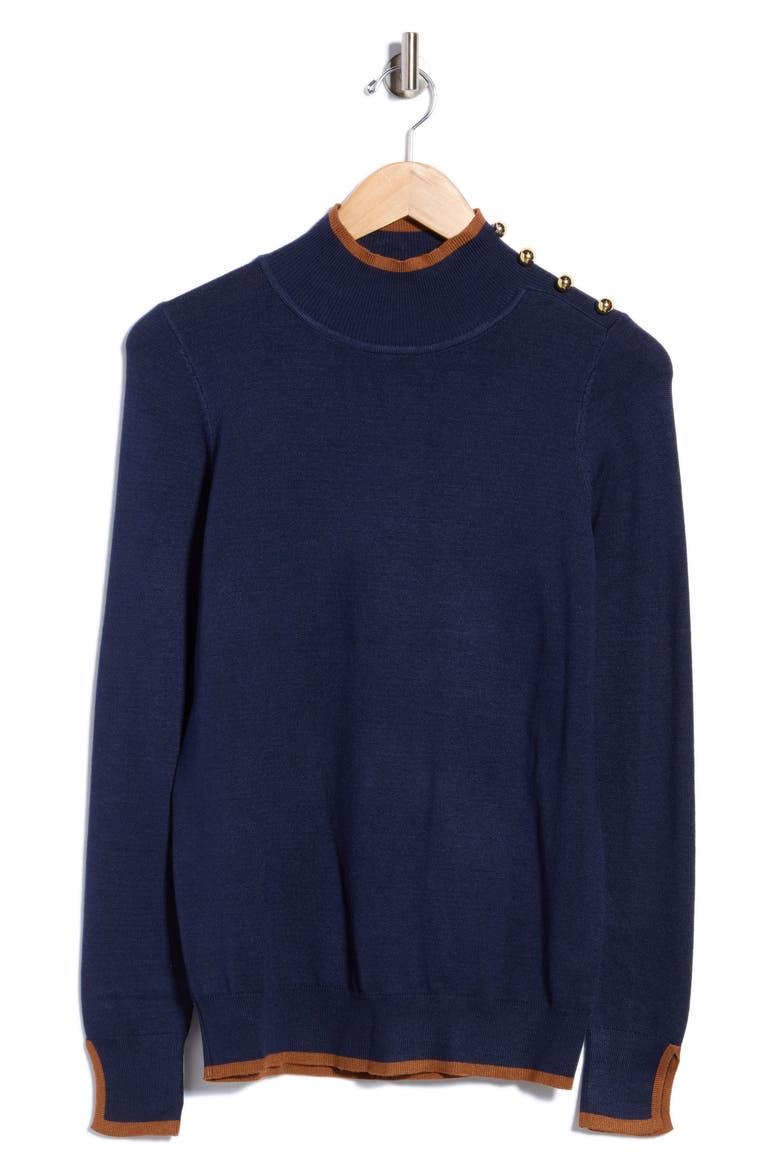 Tipped Button Shoulder Mock Neck Sweater, Alternate, color, NAVY YARD/ MOCHA BISQUE