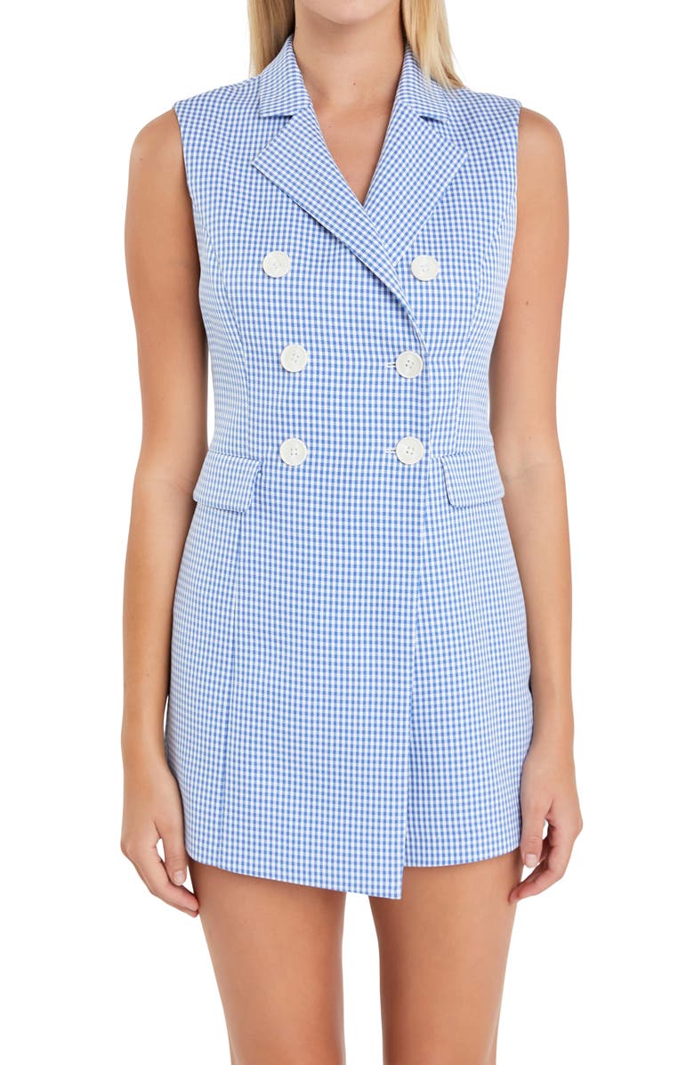 English Factory Gingham Skort Romper, Alternate, color, Blue