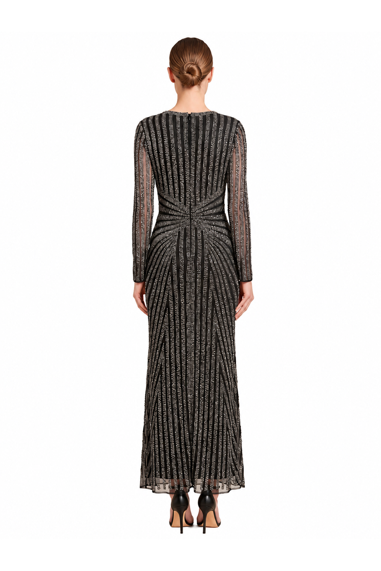 Long Sleeve Beaded Gown, Alternate, color, Black Silver