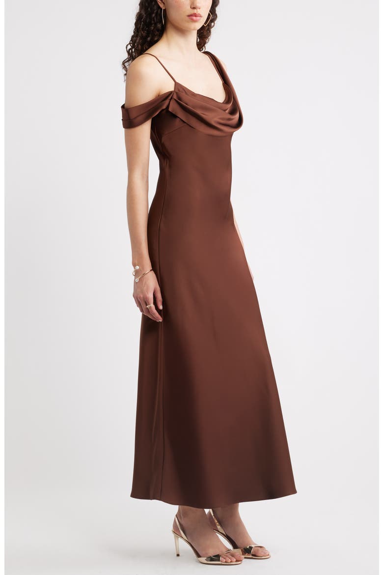Off the Shoulder Satin Maxi Dress, Alternate, color, BROWN BITTER