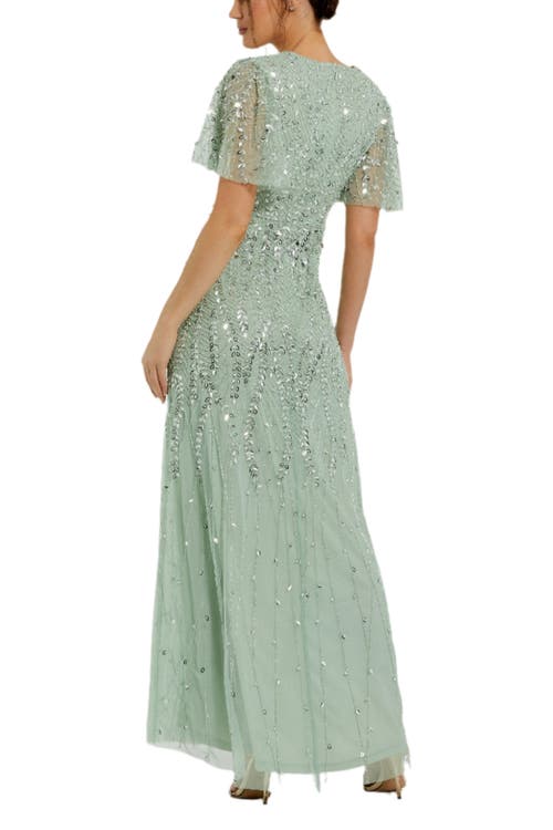 Mac Duggal Beaded Wrap Over Butterfly Sleeve Column Gown In Sage